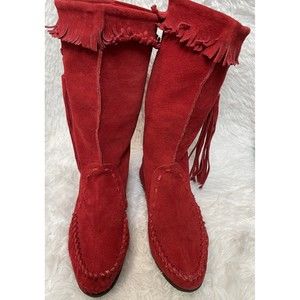 VISTA Red Suede Leather Tribal Tassel Boots Women's Size 7 Vibram sole HandMade
